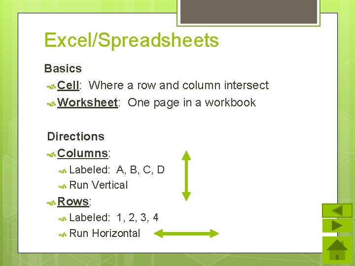 Excel/Spreadsheets Basics Cell: Where a row and column intersect Worksheet: One page in a Excel/Spreadsheets Basics Cell: Where a row and column intersect Worksheet: One page in a