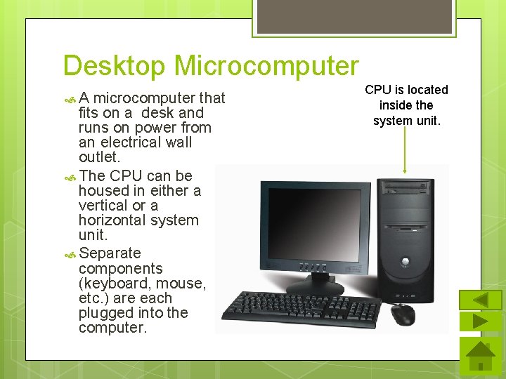Desktop Microcomputer A microcomputer that fits on a desk and runs on power from