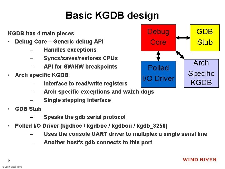 Basic KGDB design KGDB has 4 main pieces • Debug Core – Generic debug