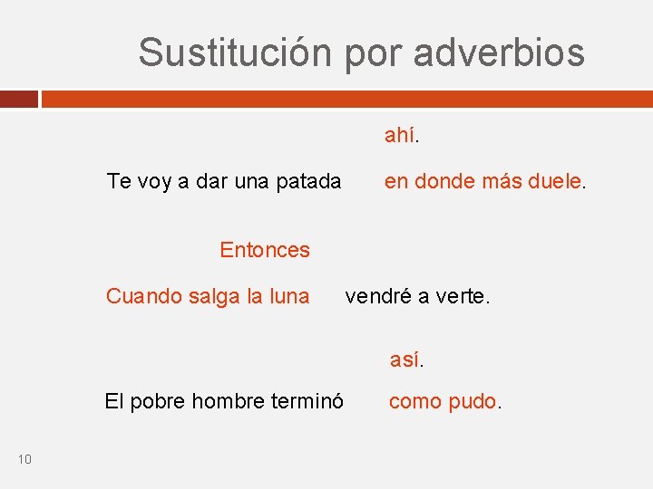Sustitución por adverbios ahí. Te voy a dar una patada en donde más duele. Sustitución por adverbios ahí. Te voy a dar una patada en donde más duele.