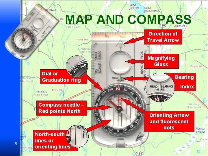 MAP AND COMPASS Direction of Travel Arrow Magnifying Glass Dial or Graduation ring Bearing