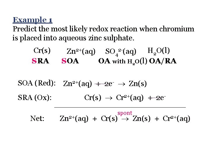 Example 1 Predict the most likely redox reaction when chromium is placed into aqueous