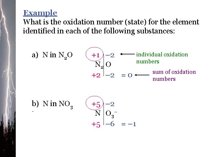 Example What is the oxidation number (state) for the element identified in each of