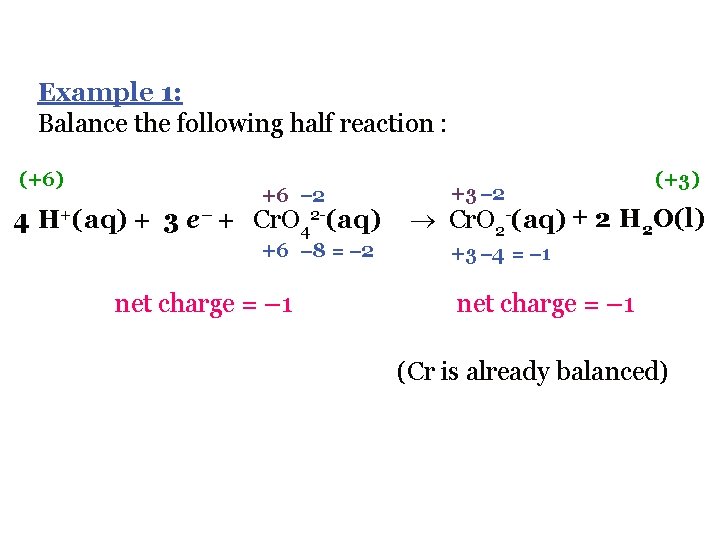 Example 1: Balance the following half reaction : (+6) +6 2 4 H+(aq) +