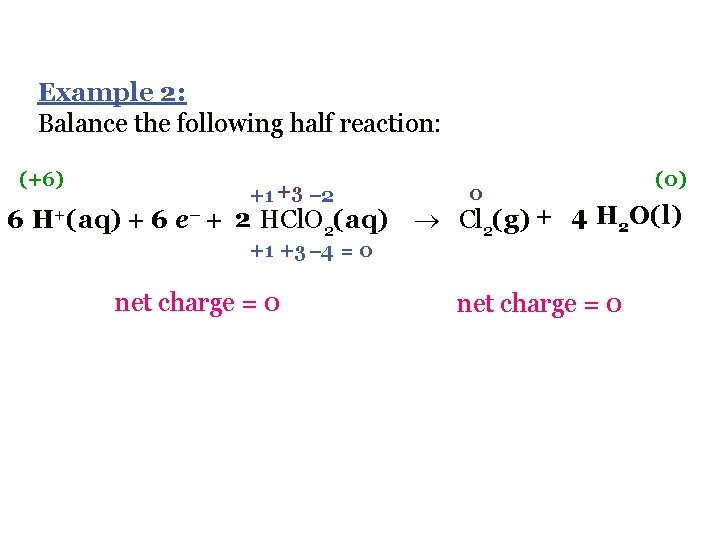 Example 2: Balance the following half reaction: (+6) +1 +3 2 0 (0) 6