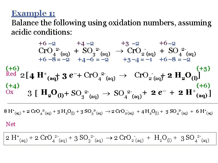 Example 1: Balance the following using oxidation numbers, assuming acidic conditions: +6 2 +4