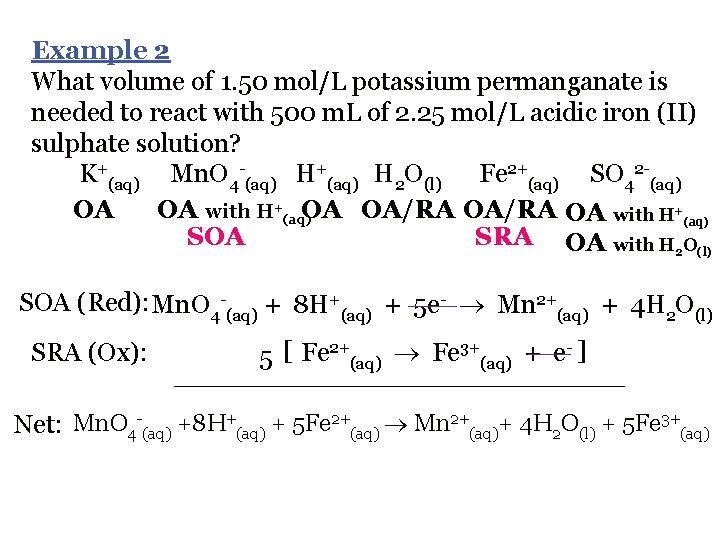 Example 2 What volume of 1. 50 mol/L potassium permanganate is needed to react