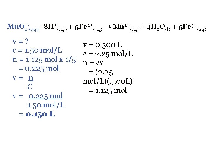 Mn. O 4 -(aq)+8 H+(aq) + 5 Fe 2+(aq) Mn 2+(aq)+ 4 H 2
