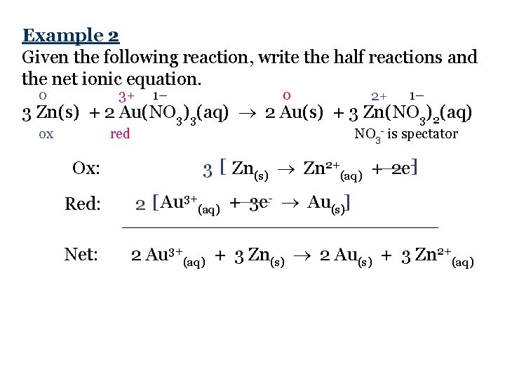 Example 2 Given the following reaction, write the half reactions and the net ionic
