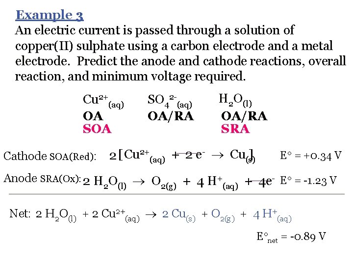 Example 3 An electric current is passed through a solution of copper(II) sulphate using