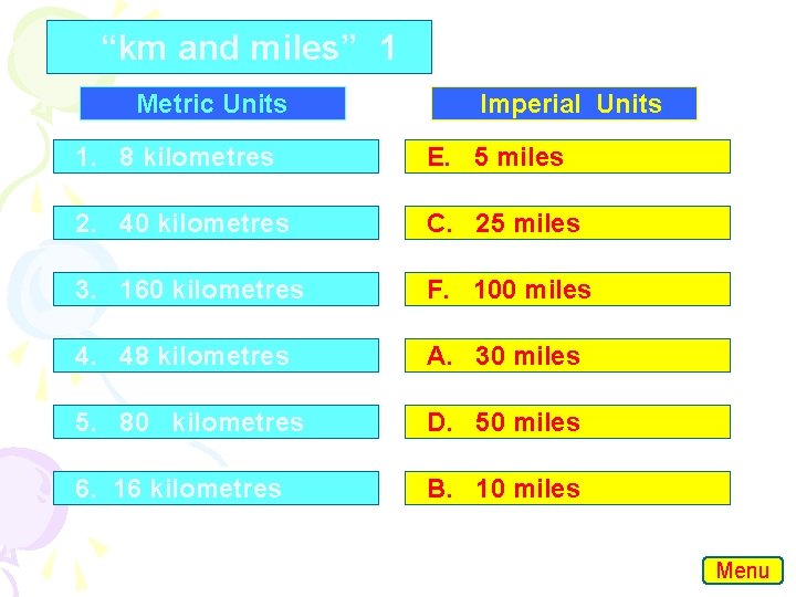 “km and miles” 1 Metric Units Imperial Units 1. 8 kilometres E. 5 miles