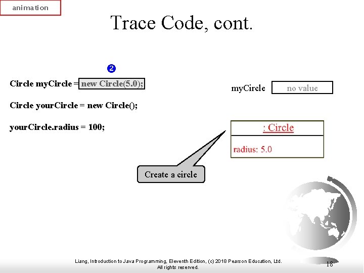 animation Trace Code, cont. Circle my. Circle = new Circle(5. 0); my. Circle no animation Trace Code, cont. Circle my. Circle = new Circle(5. 0); my. Circle no