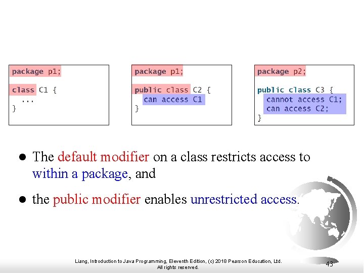 l The default modifier on a class restricts access to within a package, and l The default modifier on a class restricts access to within a package, and