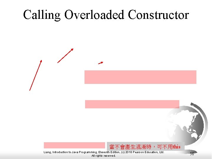 Calling Overloaded Constructor 當不會產生混淆時,可不用this Liang, Introduction to Java Programming, Eleventh Edition, (c) 2018 Pearson Calling Overloaded Constructor 當不會產生混淆時,可不用this Liang, Introduction to Java Programming, Eleventh Edition, (c) 2018 Pearson