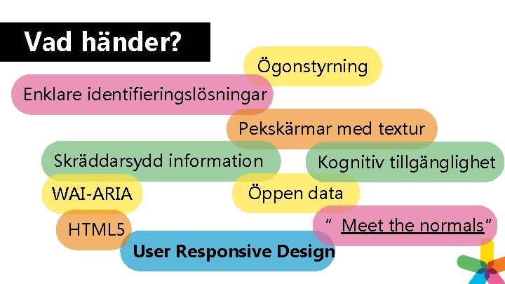 Vad händer? Ögonstyrning Enklare identifieringslösningar Pekskärmar med textur Skräddarsydd information WAI-ARIA HTML 5 Kognitiv