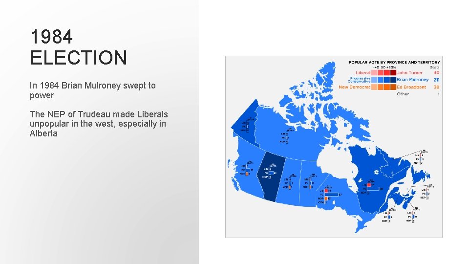 1984 ELECTION In 1984 Brian Mulroney swept to power The NEP of Trudeau made