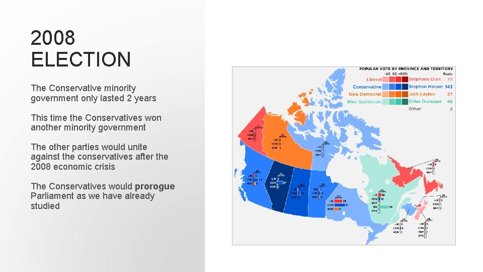 2008 ELECTION The Conservative minority government only lasted 2 years This time the Conservatives