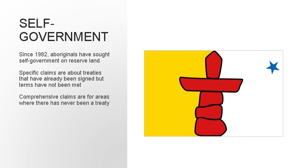 SELFGOVERNMENT Since 1982, aboriginals have sought self-government on reserve land Specific claims are about