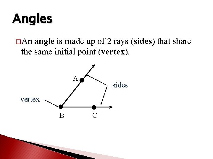Angles �An angle is made up of 2 rays (sides) that share the same