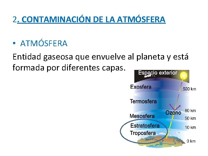 2. CONTAMINACIÓN DE LA ATMÓSFERA • ATMÓSFERA Entidad gaseosa que envuelve al planeta y