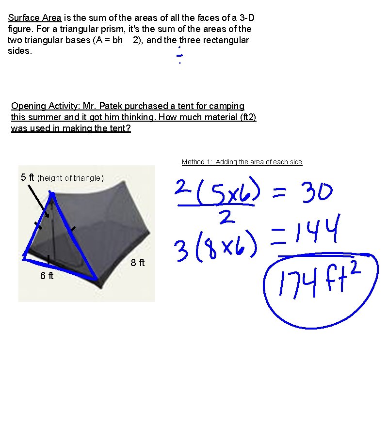 Surface Area is the sum of the areas of all the faces of a