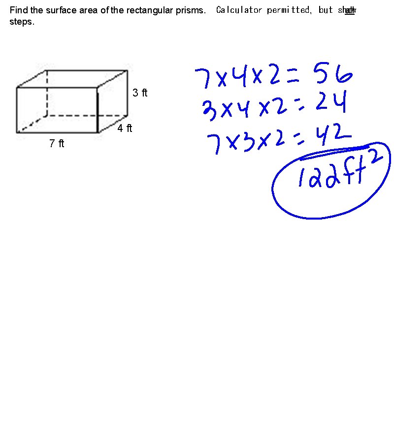 Find the surface area of the rectangular prisms. steps. 3 ft 4 ft 7
