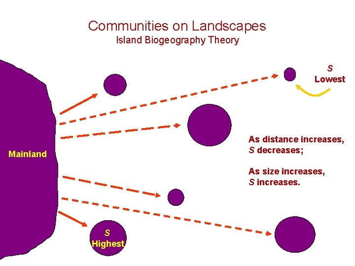 Communities on Landscapes Island Biogeography Theory S Lowest As distance increases, S decreases; Mainland