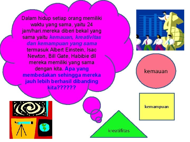 Dalam hidup setiap orang memiliki waktu yang sama, yaitu 24 jam/hari. mereka diberi bekal
