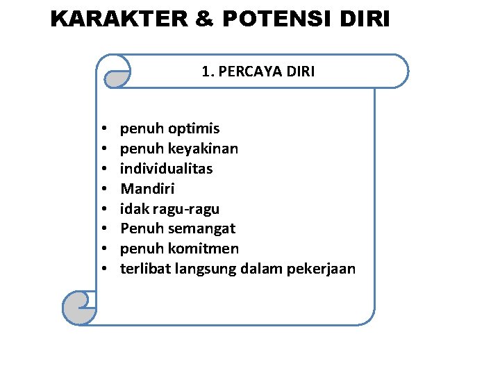 KARAKTER & POTENSI DIRI 1. PERCAYA DIRI • • penuh optimis penuh keyakinan individualitas