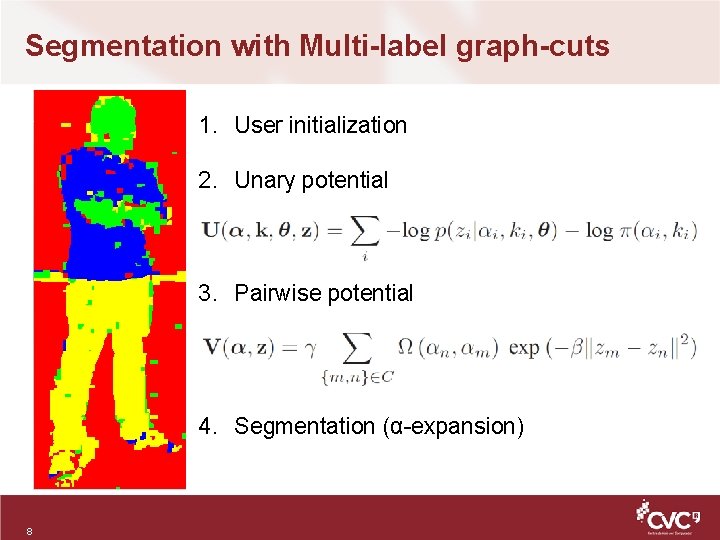 Segmentation with Multi-label graph-cuts 1. User initialization 2. Unary potential 3. Pairwise potential 4.