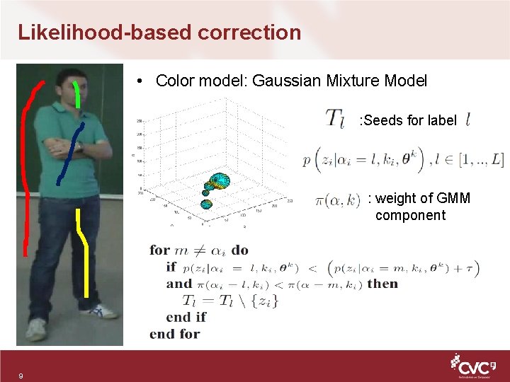 Likelihood-based correction • Color model: Gaussian Mixture Model : Seeds for label : weight