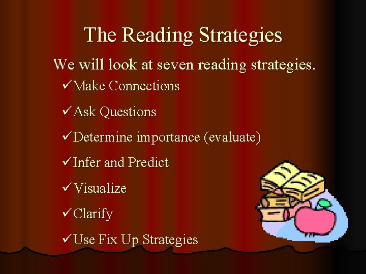 The Reading Strategies We will look at seven reading strategies. üMake Connections üAsk Questions