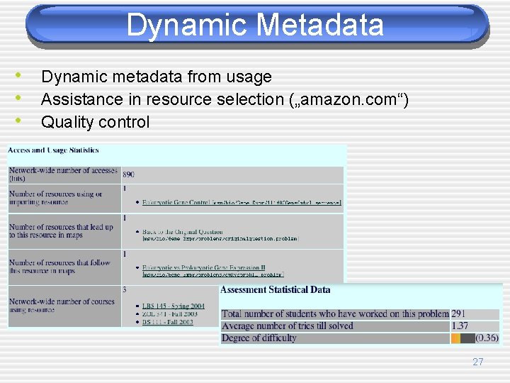 Dynamic Metadata • Dynamic metadata from usage • Assistance in resource selection („amazon. com“)
