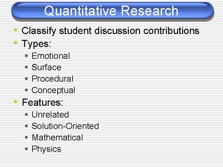 Quantitative Research • Classify student discussion contributions • Types: § § Emotional Surface Procedural