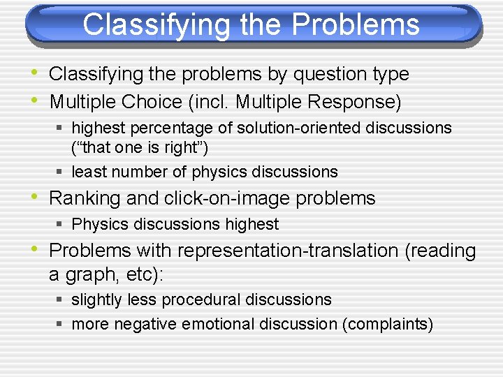 Classifying the Problems • Classifying the problems by question type • Multiple Choice (incl.