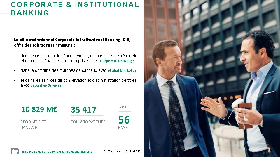 CORPORATE & INSTITUTIONAL BANKING Le pôle opérationnel Corporate & Institutional Banking (CIB) offre des
