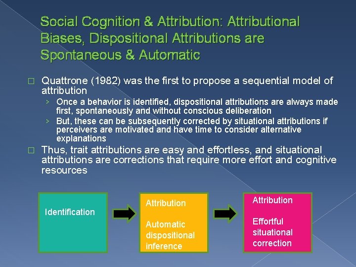 Social Cognition & Attribution: Attributional Biases, Dispositional Attributions are Spontaneous & Automatic � Quattrone
