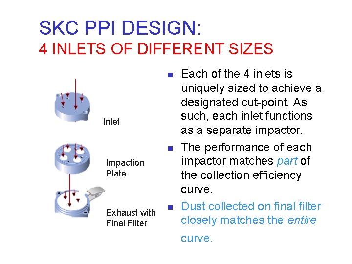 SKC PPI DESIGN: 4 INLETS OF DIFFERENT SIZES n Inlet n Impaction Plate Exhaust