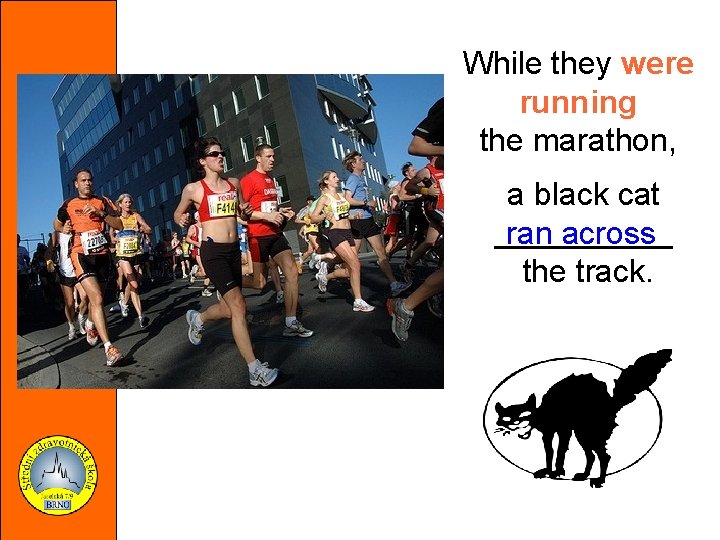 While they were running the marathon, a black cat _____ ran across the track.