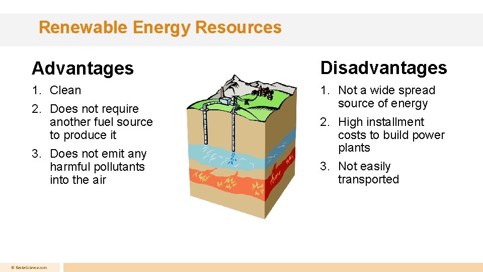 Renewable Energy Resources Advantages Disadvantages 1. Clean 1. Not a wide spread source of