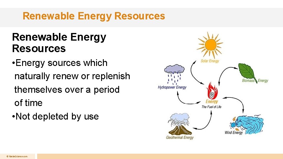 Renewable Energy Resources • Energy sources which naturally renew or replenish themselves over a