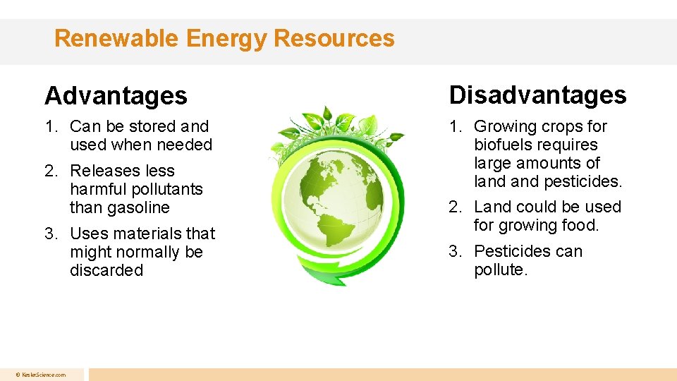 Renewable Energy Resources Advantages Disadvantages 1. Can be stored and used when needed 1.