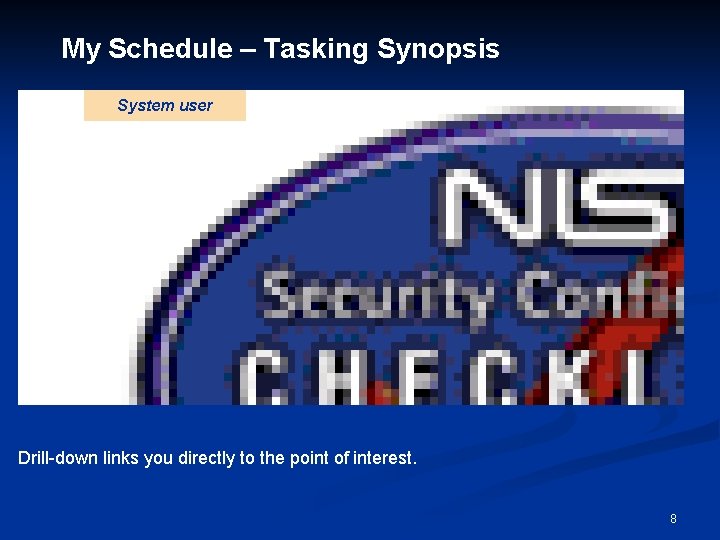 My Schedule – Tasking Synopsis System user Drill-down links you directly to the point