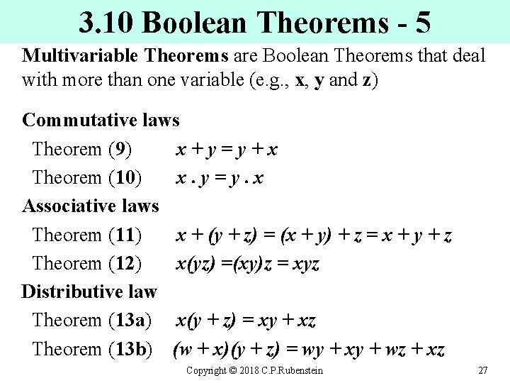 3. 10 Boolean Theorems - 5 Multivariable Theorems are Boolean Theorems that deal with