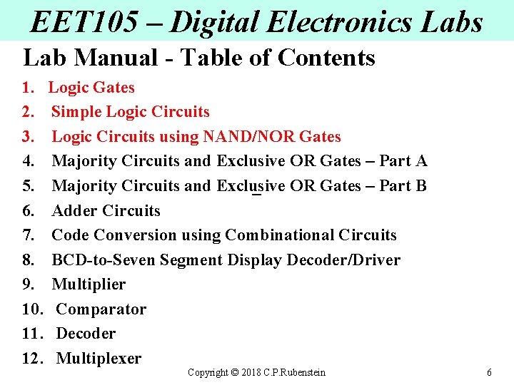 EET 105 – Digital Electronics Lab Manual - Table of Contents 1. Logic Gates