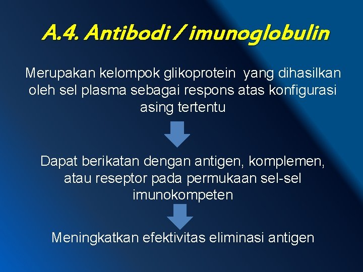 A. 4. Antibodi / imunoglobulin Merupakan kelompok glikoprotein yang dihasilkan oleh sel plasma sebagai