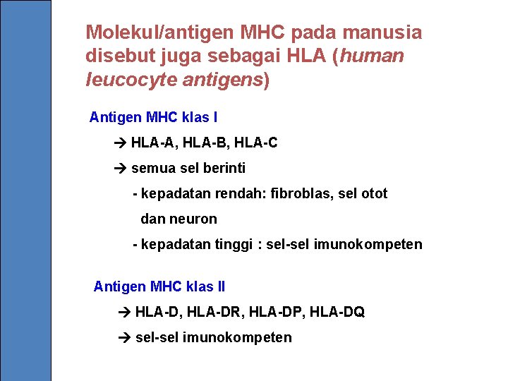 Molekul/antigen MHC pada manusia disebut juga sebagai HLA (human leucocyte antigens) Antigen MHC klas