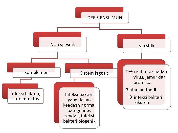 DEFISIENSI IMUN Non spesifik komplemen Infeksi bakteri, autoimunitas spesifik Sistem fagosit Infeksi bakteri yang