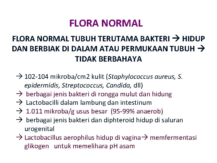 FLORA NORMAL TUBUH TERUTAMA BAKTERI HIDUP DAN BERBIAK DI DALAM ATAU PERMUKAAN TUBUH TIDAK