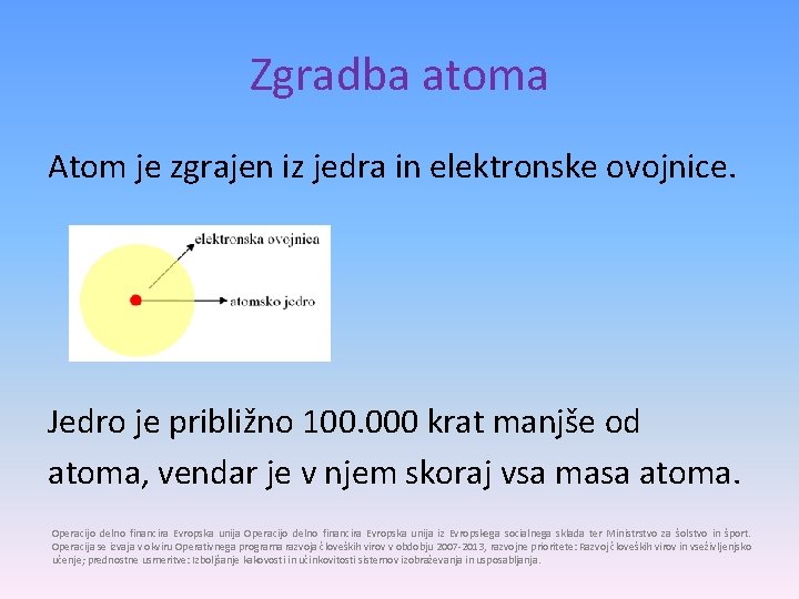 Zgradba atoma Atom je zgrajen iz jedra in elektronske ovojnice. Jedro je približno 100.